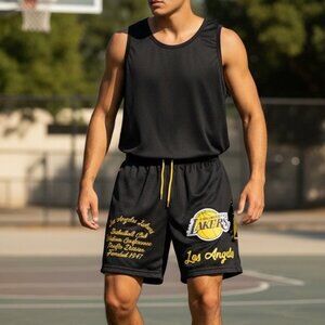 Ultra Game Mens Large Los Angeles Lakers Embroidered NBA Black Mesh Shorts